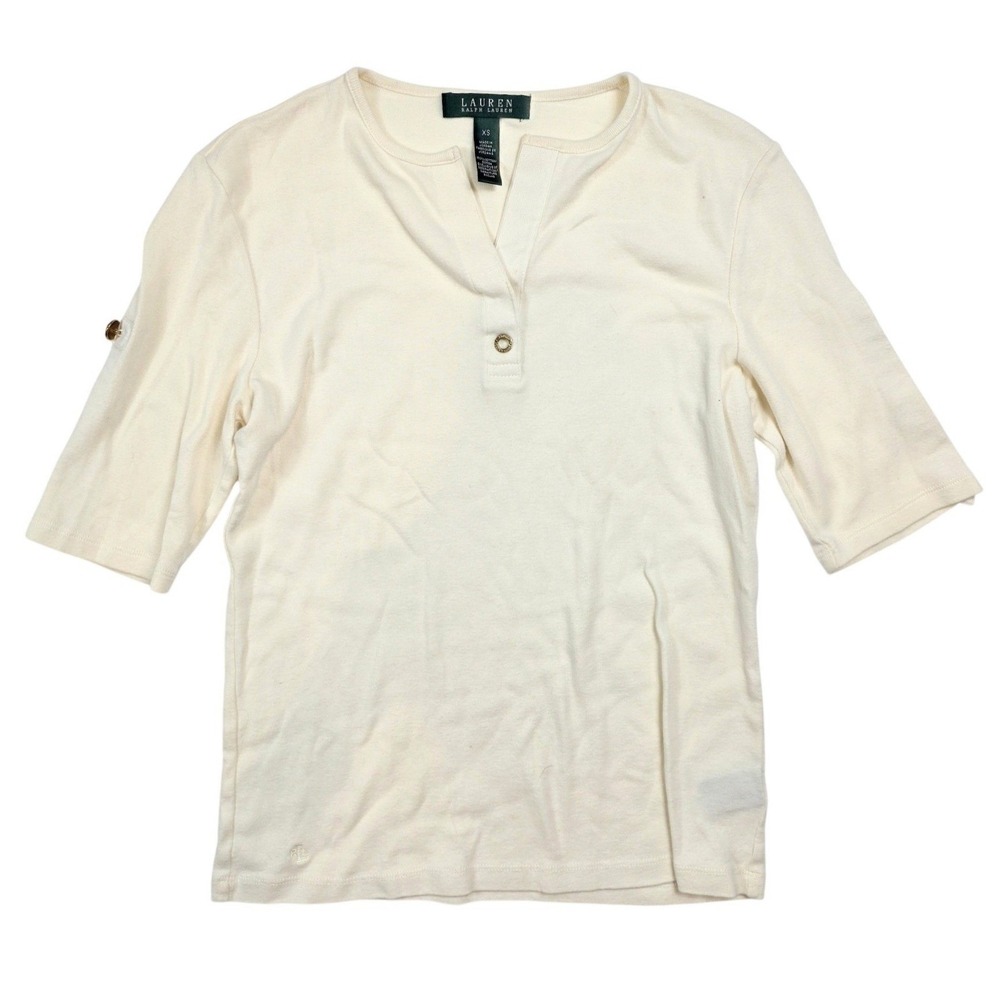 Lauren Ralph Lauren Ivory 3/4 Button Sleeve V Neck Blouse Womens XS Cotton Top